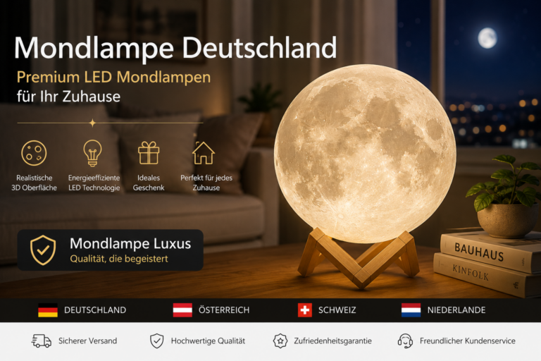 Mondlampe Deutschland – Premium Mondlampen für Deutschland, Österreich, Schweiz & Niederlande 8 Mondlampe Deutschland – Premium 3D LED Mondlampe auf Holzsockel für Wohnzimmer und Schlafzimmer