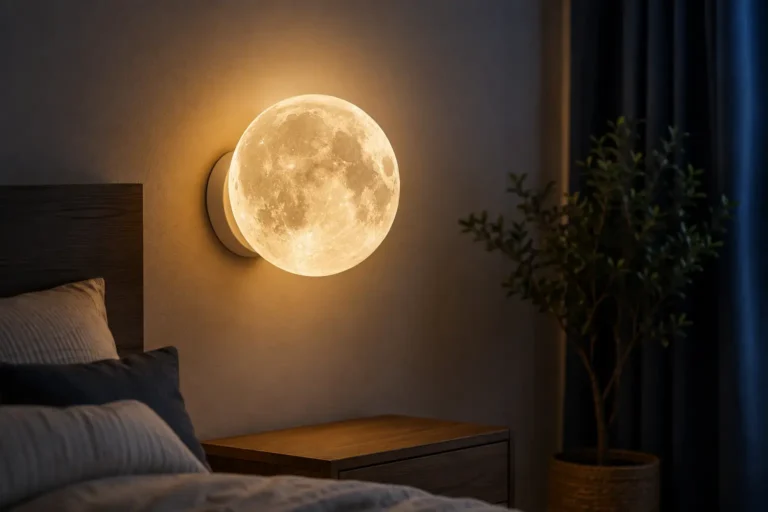 7 Gründe, warum eine Mondlampe Wand dein Zuhause verschönert 4 Mondlampe für die Wand im gemütlichen Schlafzimmer