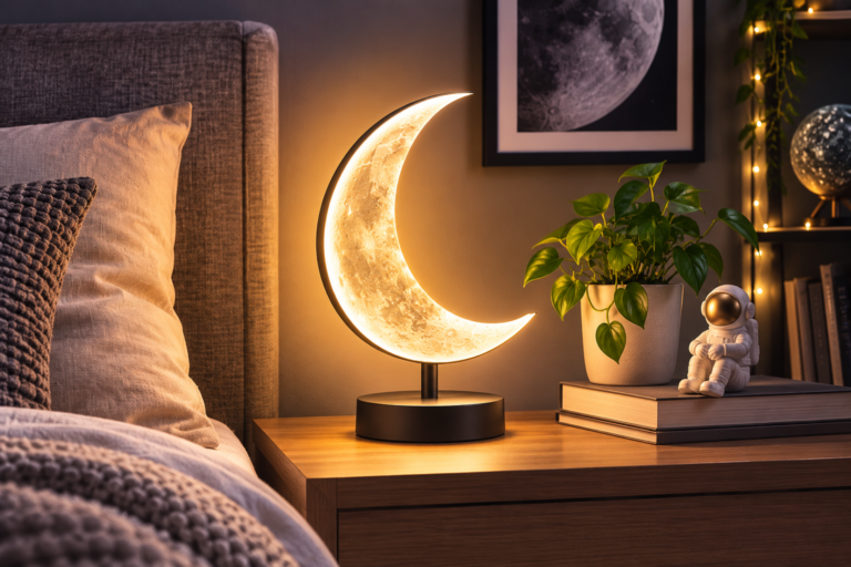 Halbmond-Lampe – Modernes Design und stimmungsvolle Beleuchtung 7 Halbmond Lampe mit modernem LED-Licht im eleganten Schlafzimmer