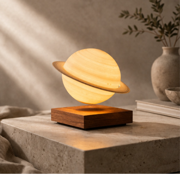 Schwebende Saturnlampe 4 chwebende Saturnlampe mit Magnetlevitation auf Holzsockel – Mondlampe Luxus