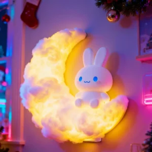 Kinderzimmer Nachtlicht mit Mondsichel, Wolken und Hasenmotiv