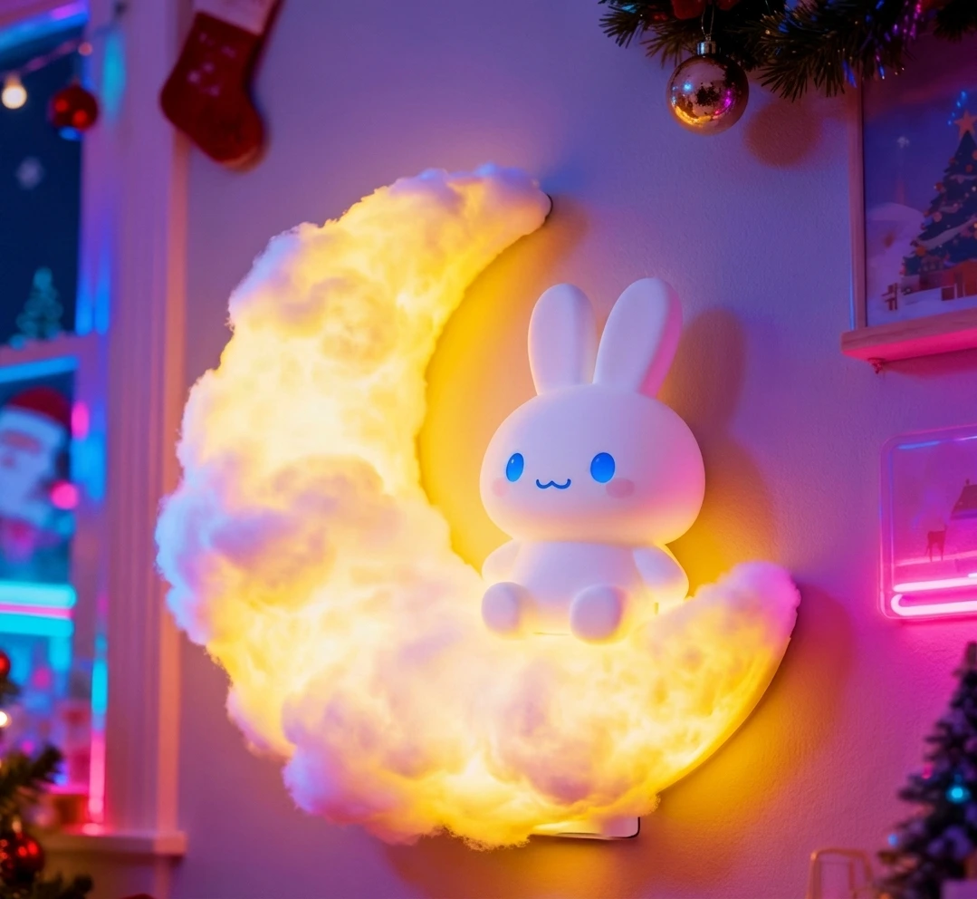 Kinderzimmer Nachtlicht – Mond, Wolken 1 Kinderzimmer Nachtlicht mit Mondsichel, Wolken und Hasenmotiv