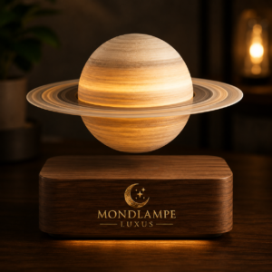 Schwebende Saturnlampe mit Magnetlevitation auf Holzsockel – Mondlampe Luxus