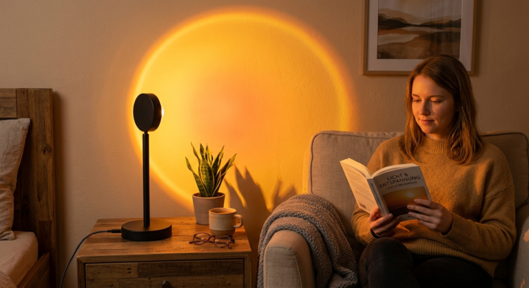 Sunset Lampe 2 Frau liest Buch im warmen Licht einer LED Sunset Lampe an der Wand