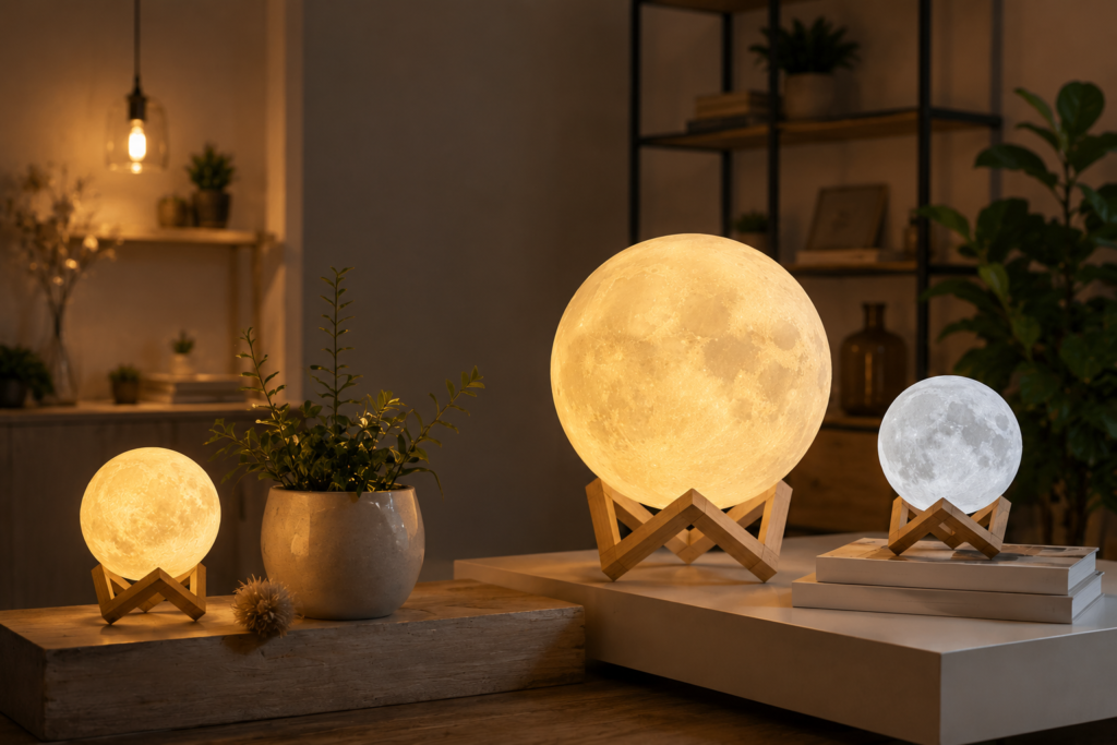 Premium LED Mondlampe Kollektion mit warmem und weißem Licht auf eleganten Holzständern im Mondlampe Shop.