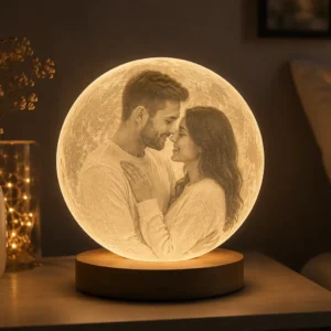 Personalisierte Mondlampe mit Bild eines Paares und realistischer 3D-Mondoberfläche