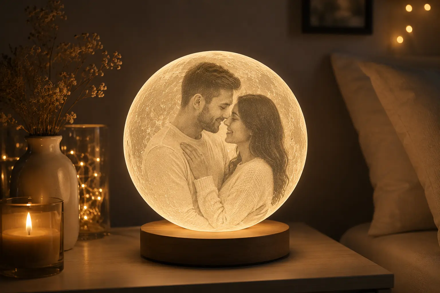 Personalisierte Mondlampe mit Bild eines Paares und realistischer 3D-Mondoberfläche